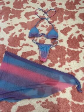 NEW Y2K Ombré Blue Purple Pink 3 Piece Bikini Set W Mesh Sarong Cover Up S